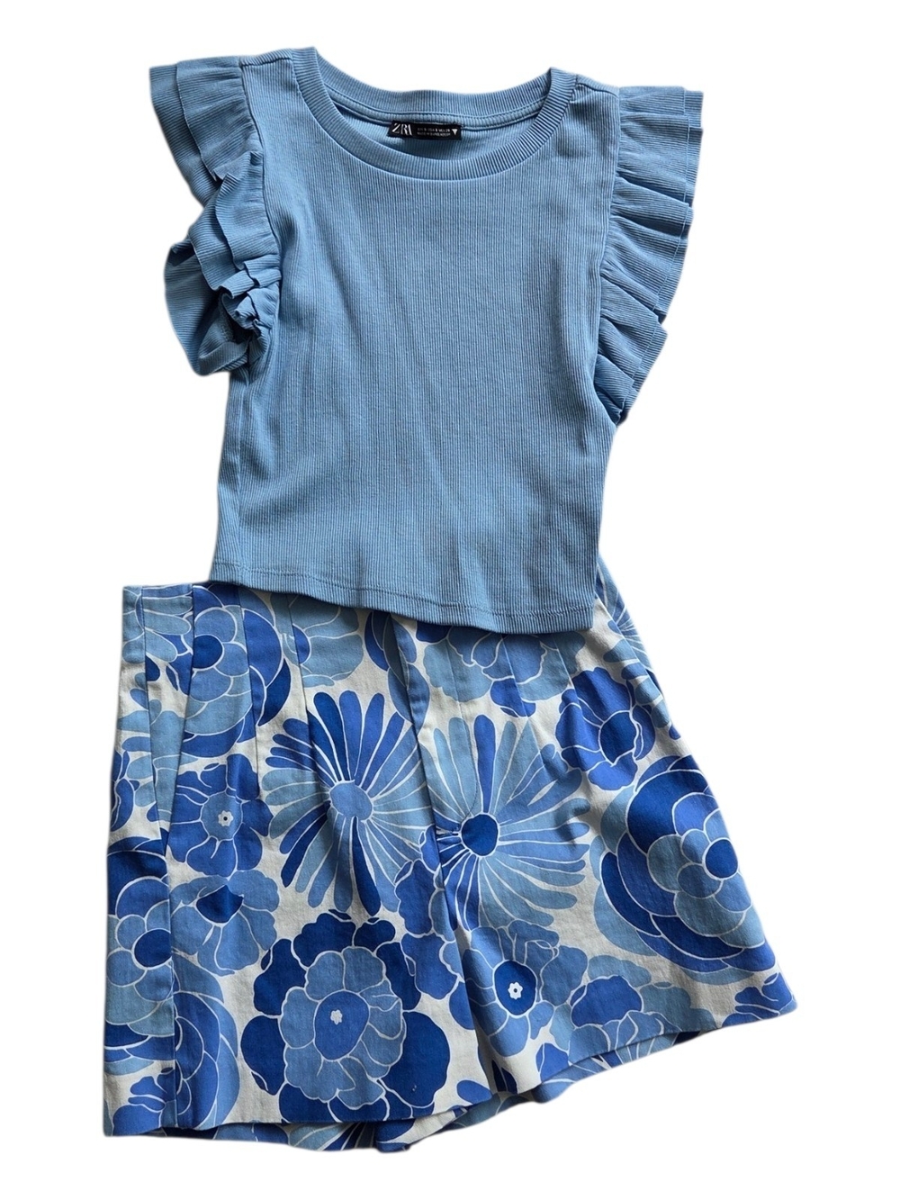 🌟NWOT Zara Blue Ruffle Sleeve Top with Blue Floral Shorts Set